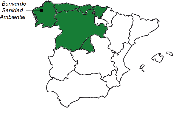 Mapa de España con las zonas de actuación de Bonverde marcadas en verde